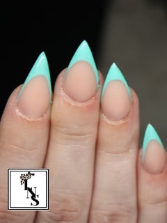 View Green, Nail Color, Blue, Nail Length, Medium, Gel, Acrylic, Nails, Nail Finish, Almond, Stiletto, Nail Shape, Arrowhead, Reverse French, Nail Art, Hand Painted, Nail Style, French Manicure, Pastel, Light Green - Amber Reeve, Normandy Park, WA