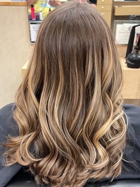 Image of  Women's Hair, Blowout, Hair Color, Balayage, Blonde, Foilayage, Highlights, Hair Length, Medium Length, Beachy Waves, Hairstyles, Curly, Hair Restoration