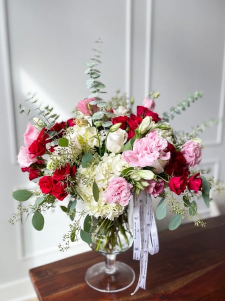 Image of  Centerpiece, Bouquet, Occasion, Anniversary, Valentine's Day, Congratulations, Love & Romance, Get Well, Graduation, Birthday, Mother's Day, Size & Display, Medium, Large, Color, Red, Green, Pink, Ivory, Flower Type, Eucalyptus, Hydrangea, Rose, Lisianthus - Eustoma, Florist, Arrangement Type