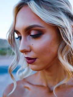View Red Lip, Evening, Look, Glam Makeup, Skin Tone, Makeup, Olive, Red, Gold, Glitter, Colors, Brown - Emily Connellan, Las Vegas, NV