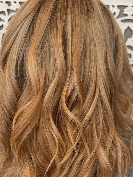 Image of  Women's Hair, Balayage, Hair Color, Brunette, Red, Medium Length, Hair Length, Layered, Haircuts, Beachy Waves, Hairstyles