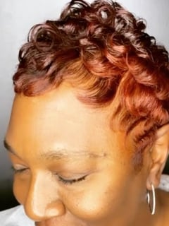 View Women's Hair, Red, Hair Color, Pixie, Short Ear Length, Curly, Haircuts - Qualita Avery, Jonesboro, GA
