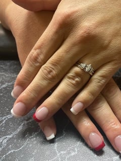 View Nail Shape, Square, Hand Painted, Nail Style, French Manicure, White, Red, Nail Color, Clear, Nail Length, Short, Gel, Nail Finish, Acrylic, Nails - Grace Thomsen, West Des Moines, IA
