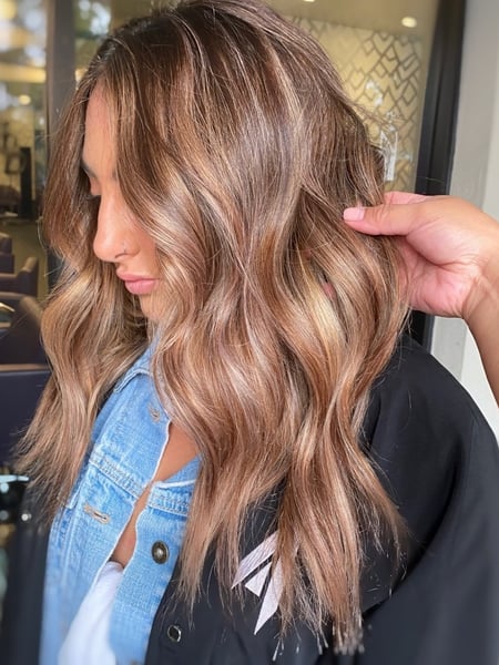 Image of  Women's Hair, Hair Color, Blowout, Balayage, Brunette, Blonde, Fashion Color, Foilayage, Full Color, Highlights, Ombré, Shoulder Length, Hair Length, Blunt, Haircuts, Beachy Waves, Hairstyles, Natural
