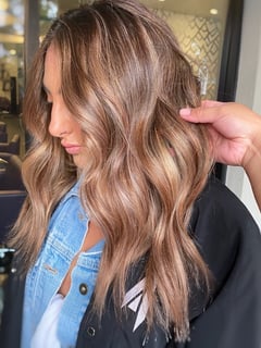 View Women's Hair, Hair Color, Blowout, Balayage, Brunette, Blonde, Fashion Color, Foilayage, Full Color, Highlights, Ombré, Shoulder Length, Hair Length, Blunt, Haircuts, Beachy Waves, Hairstyles, Natural - Rosy Martinez, Corona del Mar, CA