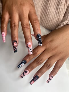 View Pink, Nails, Nail Art, Gel, Black, Hand Painted, Nail Style, Nail Color, Nail Length, Nail Finish, Long, Nail Shape, Square - Tyarra Hernandez, Apopka, FL
