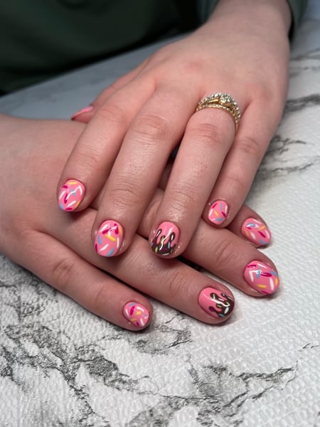Image of  Manicure, Nails, Short, Nail Length, Hand Painted, Nail Style, Pink, Nail Color, Gel, Nail Finish