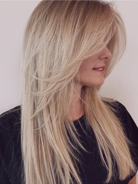 Image of  Women's Hair, Blowout, Hair Color, Blonde, Highlights, Long, Hair Length, Bangs, Haircuts, Layered, Straight, Hairstyles