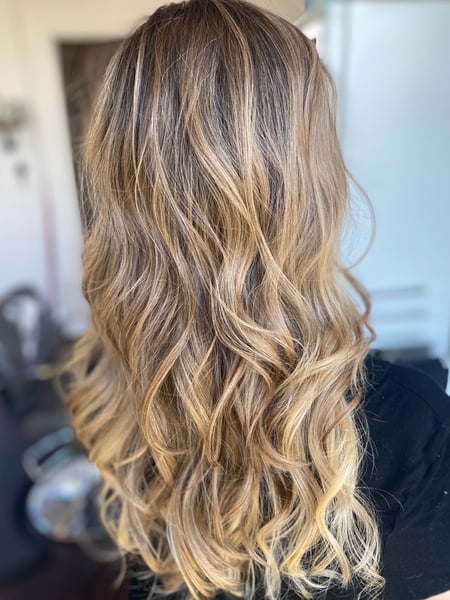 Image of  Women's Hair, Blowout, Hair Color, Balayage, Blonde, Brunette, Foilayage, Highlights, Medium Length, Hair Length, Haircuts, Layered, Beachy Waves, Hairstyles, Curly