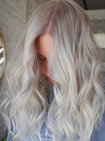 Image of  Women's Hair, Hair Color, Blonde, Color Correction, Silver, Long, Hair Length, Beachy Waves, Hairstyles