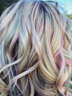 View Women's Hair, Blonde, Hair Color, Fashion Color, Foilayage, Silver, Beachy Waves, Hairstyles - Alexis Meza, Marengo, IL