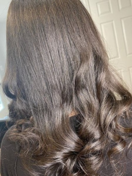 Image of  Women's Hair, Black, Hair Color, Long Hair (Upper Back Length), Hair Length, Curly, Haircut, Silk Press, Smoothing 