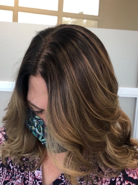 Image of  Women's Hair, Blowout, Hair Color, Balayage, Black, Brunette, Color Correction, Full Color, Highlights, Foilayage, Ombré