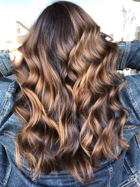 Image of  Women's Hair, Blowout, Hair Color, Balayage, Brunette, Hair Length, Medium Length, Haircuts, Layered, Hairstyles, Beachy Waves, Curly