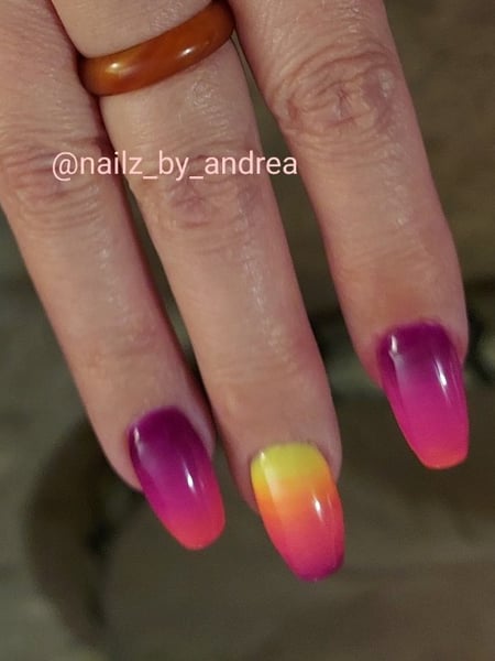 Image of  Nails, Manicure, Acrylic, Nail Finish, Gel, Short, Nail Length, Pink, Nail Color, Purple, Yellow, Ombré, Nail Style, Squoval, Nail Shape