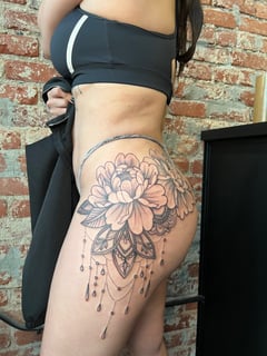 View Tattoo Colors, Tattoos, Tattoo Style, Tattoo Bodypart, Black , Thigh, Hip, Butt , Line Art, Geometric - Vudu Dahl, Venice, CA