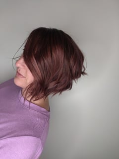 View Haircuts, Women's Hair, Bob, Layered, Blowout, Beachy Waves, Hairstyles, Red, Hair Color, Highlights, Full Color, Fashion Color, Brunette, Short Ear Length, Hair Length, Short Chin Length - Dagdanamai Cruz, West Hartford, CT