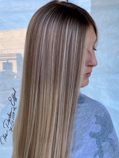 View Women's Hair, Hairstyle, Natural Hair, Haircut, Layers, Hair Length, Long Hair (Mid Back Length), Foilayage, Blonde, Hair Color, Balayage - Natalie , Fallbrook, CA