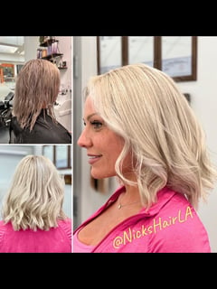 View Blonde, Curls, Hairstyle, Beachy Waves, Highlights, Bob, Haircut, Women's Hair, Hair Color, Color Correction - Nickolas Teague, Burbank, CA