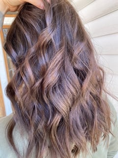 View Beachy Waves, Hair Length, Long Hair (Upper Back Length), Highlights, Full Color, Hair Color, Brunette Hair, Women's Hair, Hairstyle - Kayley Bell, Griffin, GA