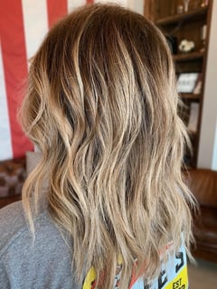 View Blowout, Hairstyle, Beachy Waves, Haircut, Layers, Hair Length, Long Hair (Upper Back Length), Ombré, Highlights, Foilayage, Color Correction, Blonde, Balayage, Hair Color, Women's Hair - Sam Donato, Spring, TX