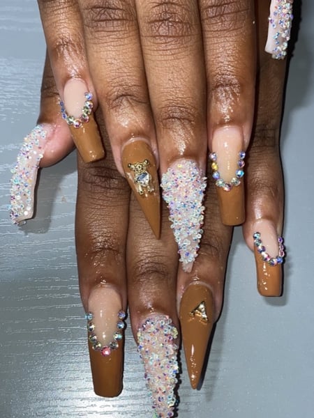 Image of  Nails, Acrylic, Nail Finish, Nail Length, Long, Beige, Nail Color, Brown, Gel, Accent Nail, Nail Style, Hand Painted, Jewels, Coffin, Nail Shape, Stiletto