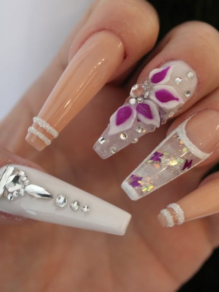 Image of  Nails, Nail Length, Nail Color, Nail Style, Acrylic, Nail Finish, Long, Beige, Glitter, Purple, White, Accent Nail, Hand Painted, French Manicure, Nail Jewels, Nail Art, 3D, Coffin, Nail Shape, Square