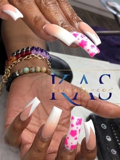 View Nails, Long, Nail Length, Acrylic, Nail Finish, White, Nail Color, Pink, Accent Nail, Nail Style, Hand Painted, Nail Art, Square, Nail Shape - Kirsten Slocumb, College Park, GA