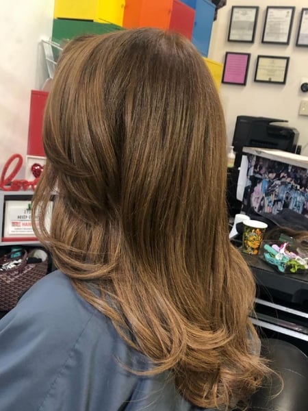 Image of  Coily, Haircuts, Women's Hair, Layered, Curly, Bangs, Blowout, Hairstyles, Straight, Hair Extensions, Silver, Hair Color, Brunette, Red, Foilayage, Highlights, Full Color, Color Correction, Fashion Color, Ombré, Balayage, Blonde, Long, Hair Length, Short Chin Length, Shoulder Length, Medium Length