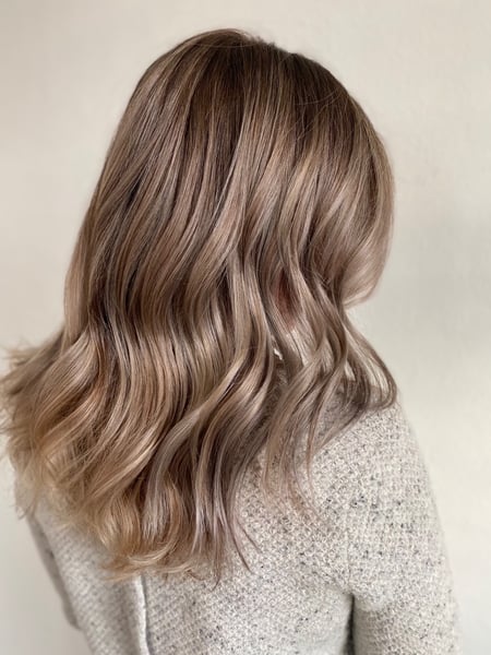 Image of  Women's Hair, Blowout, Balayage, Hair Color, Brunette, Blonde, Color Correction, Highlights, Medium Length, Hair Length, Layered, Haircuts, Hairstyles, Beachy Waves
