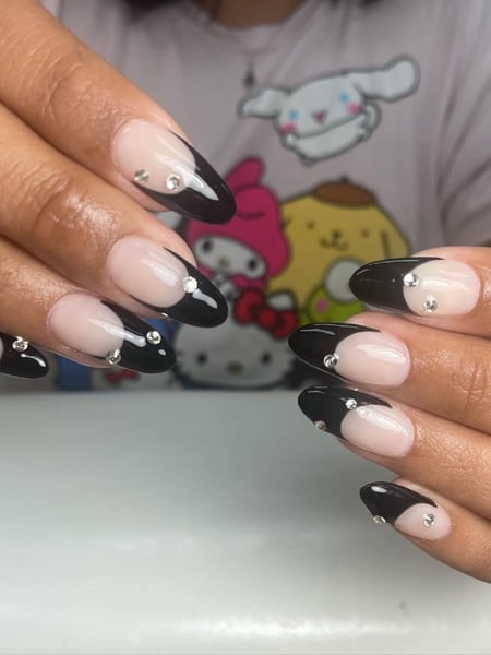 Image of  Nails, Black, Hand Painted, Round, Almond, Nail Style, Nail Color, Nail Jewels, Nail Length, French Manicure, Medium, Nail Shape