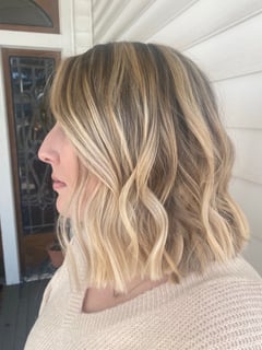 View Women's Hair, Balayage, Hair Color, Blonde, Brunette, Foilayage, Highlights, Shoulder Length, Hair Length, Beachy Waves, Hairstyles - Kayley Bell, Griffin, GA