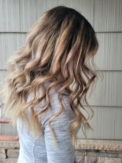 View Women's Hair, Hair Color, Balayage, Blonde, Foilayage, Long, Hair Length, Blunt, Haircuts, Beachy Waves, Hairstyles, Natural - Amberle Fullmer, Jerome, ID