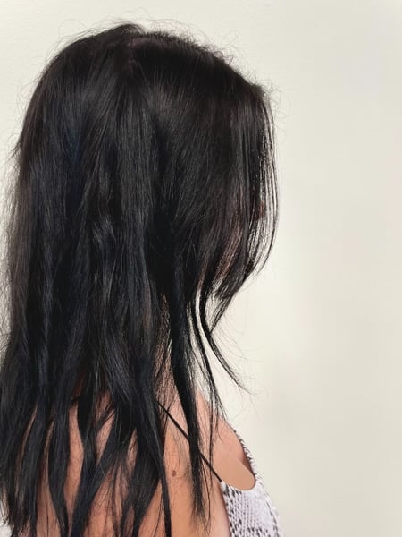 Image of  Women's Hair, Blowout, Black, Hair Color, Color Correction, Medium Length, Hair Length, Layered, Haircuts, Bangs, Beachy Waves, Hairstyles