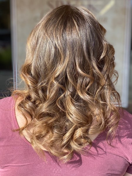 Image of  Women's Hair, Blowout, Hair Color, Balayage, Foilayage, Medium Length, Hair Length, Layered, Haircuts, Beachy Waves, Hairstyles, Curly