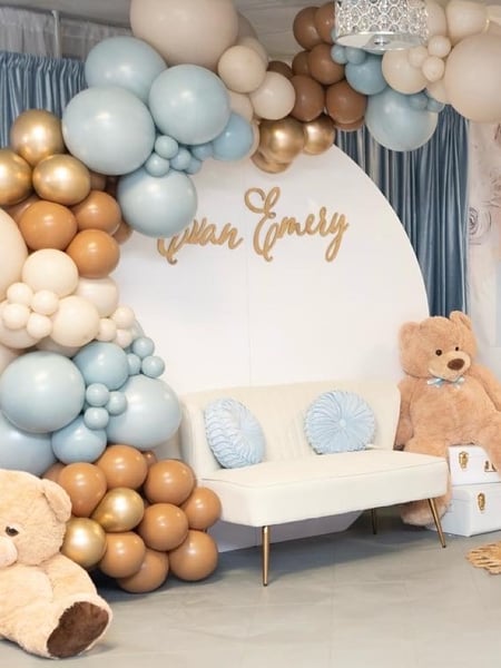 Image of  Balloon Decor, Arrangement Type, Balloon Garland, Event Type, Baby Shower, Colors, White, Gold, Blue, Brown, Accents, Banner
