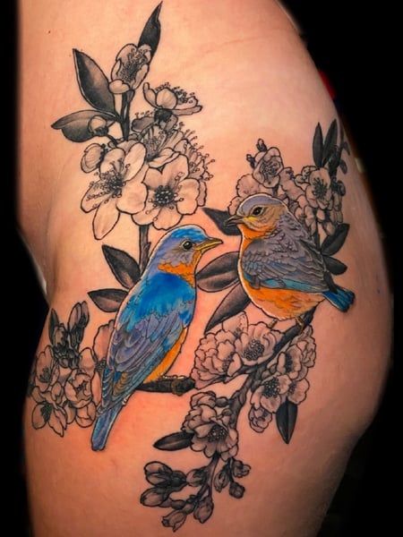 Image of  Tattoos, Tattoo Style, Tattoo Bodypart, Tattoo Colors, Black & Grey, Fine Line, Pet & Animal, Realism, Butt , Hip, Thigh, Beige , Black , Blue, Orange 