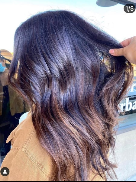 Image of  Women's Hair, Balayage, Hair Color, Brunette, Shoulder Length, Hair Length, Blunt, Haircuts, Beachy Waves, Hairstyles