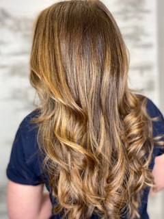 View Hair Color, Curls, Hairstyle, Beachy Waves, Haircut, Layers, Hair Length, Long Hair (Mid Back Length), Foilayage, Women's Hair, Brunette Hair, Blonde, Balayage - Rachel Parr, Bedford, NH