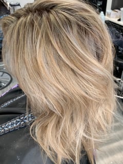 View Beachy Waves, Blonde, Hair Color, Foilayage, Highlights, Shoulder Length, Women's Hair, Hair Length, Layered, Haircuts, Hairstyles - Cae Andrews, Henderson, NV