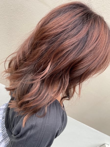 Image of  Women's Hair, Blowout, Hair Color, Brunette, Color Correction, Full Color, Red, Hair Length, Shoulder Length, Haircuts, Layered, Beachy Waves, Hairstyles, Curly