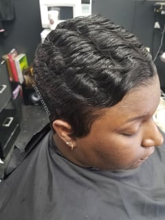 View Shaved, Haircuts, Women's Hair, Layered, Curly, Curly, Hairstyles, Perm Relaxer, Perm, Brunette, Hair Color, Pixie, Short Ear Length, Hair Length - Tiffany Jones, Charlotte, NC