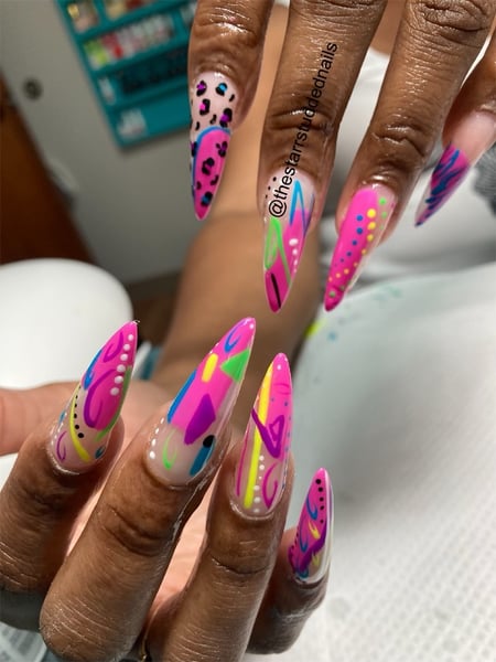 Image of  Hand Painted, Color Block, Nail Style, Nail Color, Nail Length, Manicure, Nail Finish, Stiletto, Long, Mix-and-Match, Nail Shape, Nail Service Type, Nails, White, Nail Art, Gel, Yellow, Purple, Pink