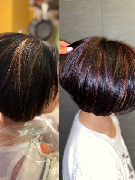 Image of  Women's Hair, Blowout, Highlights, Hair Color, Red, Short Ear Length, Hair Length
