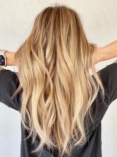 View Hair Color, Hairstyle, Beachy Waves, Hair Length, Long Hair (Mid Back Length), Highlights, Blonde, Balayage, Women's Hair - Salon Raché, Campbell, CA