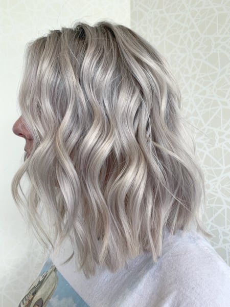 Image of  Women's Hair, Hair Color, Blowout, Blonde, Highlights, Full Color, Silver, Hair Length, Shoulder Length Hair, Layers, Haircut, Blunt (Women's Haircut)