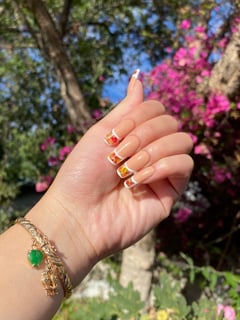 View French Manicure, Hand Painted, Nail Style, Nail Art, Long, Nails, Nail Length, Medium, Coffin, Nail Shape, Square, Nail Finish, Gel, Manicure, Beige, Gold, Clear, Orange, Red, Yellow, Nail Color, White - Tammy Nguyen, Anaheim, CA