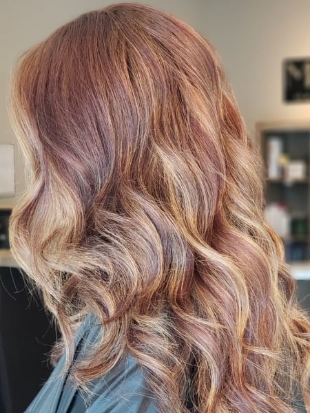 Image of  Women's Hair, Hair Color, Balayage, Brunette, Foilayage, Highlights, Red, Hair Length, Long, Layered, Haircuts, Beachy Waves, Hairstyles