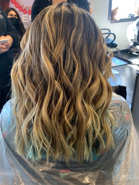 Image of  Women's Hair, Blowout, Hair Color, Balayage, Blonde, Brunette, Foilayage, Highlights, Hair Length, Medium Length, Haircuts, Blunt, Hairstyles, Beachy Waves