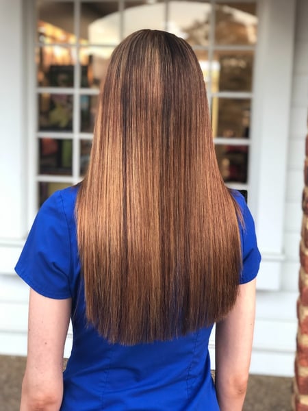 Image of  Women's Hair, Blowout, Brunette, Hair Color, Highlights, Color Correction, Hair Length, Blunt, Haircuts, Long, Straight, Hairstyles, Keratin, Permanent Hair Straightening